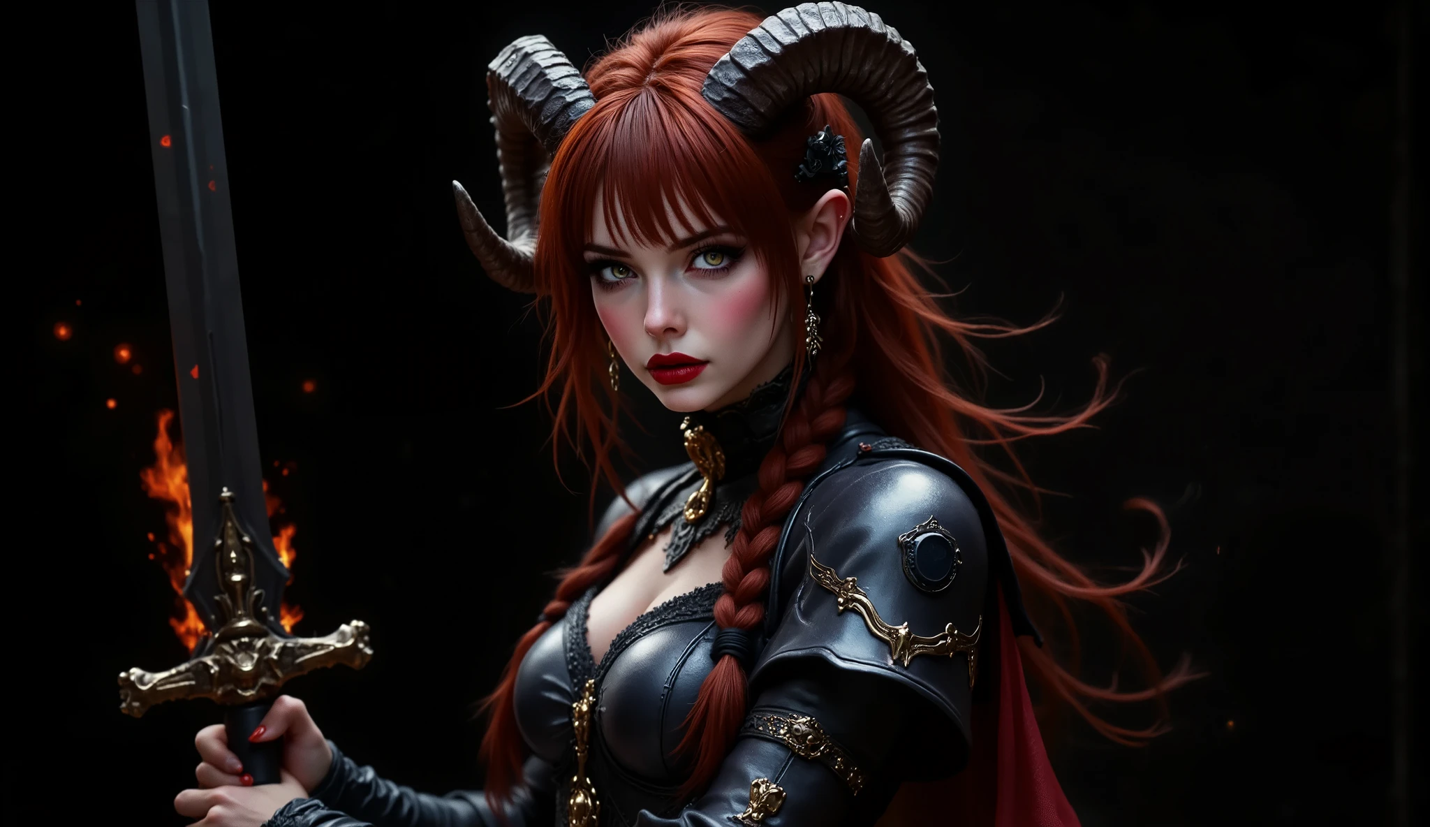 Image of the bust from head to chest, facing the camera in a high angle foreshortening, beautiful woman, very long hair tied in a very long braid that reaches her . Fire red hair, very detailed hair, she is a medieval fantasy demon warrior. Very detailed brown twisted ram horns on her head. Pointed ears with piercings. Angry demon woman with a stern look at the camera, evil smile, she is wearing a red leather cape, frayed and tattered old cape, her face is perfect and beautiful, very detailed heavy armor made of black metal and bones, very detailed armor torso with gold engravings and filigree, big , armored forearms with black battle spikes, demonic emblem with gray inlaid skulls on the shoulder with black armored protectors. Arms bandaged with straps and broken bandages, ribbons surrounding her arms, under the cape you can admire her spectacular body and magnificent armor. With piercings in her pointed dark elf ears. Very detailed orange eyes, sensual thick lips, angry, pink and wet lips, long eyelashes. Reinforced black metallic gauntlets. She wields with both hands a cursed and mystical sword with the edge full of magical runes that gives off a reddish aura. The warrior demon looks at the camera with a grim and defiant expression. Very dynamic and aggressive pose. Colorful gothic-themed tattoos, in shape, the very provocative red cape exposes her spectacular body and turns in the wind. Aggressive and threatening pose. Pure black image background, ideal for wallpaper.