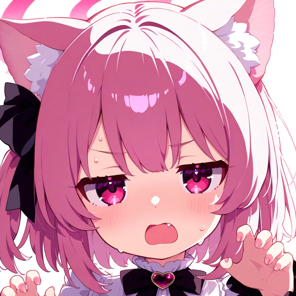 <lora:momo_reworked:0.8>,mitsuki momo,momo cat,momo normal,(sobbing),open mouth,upper body,
pink hair,purple hair,blue eyes,short cut,hair intakes,hair ornament,braid,cat tail,(tail ribbon:1.2),
large breasts,1girl,cat girl,cat ears,, <lora:Sesield:1.3>,chibi,sketch,