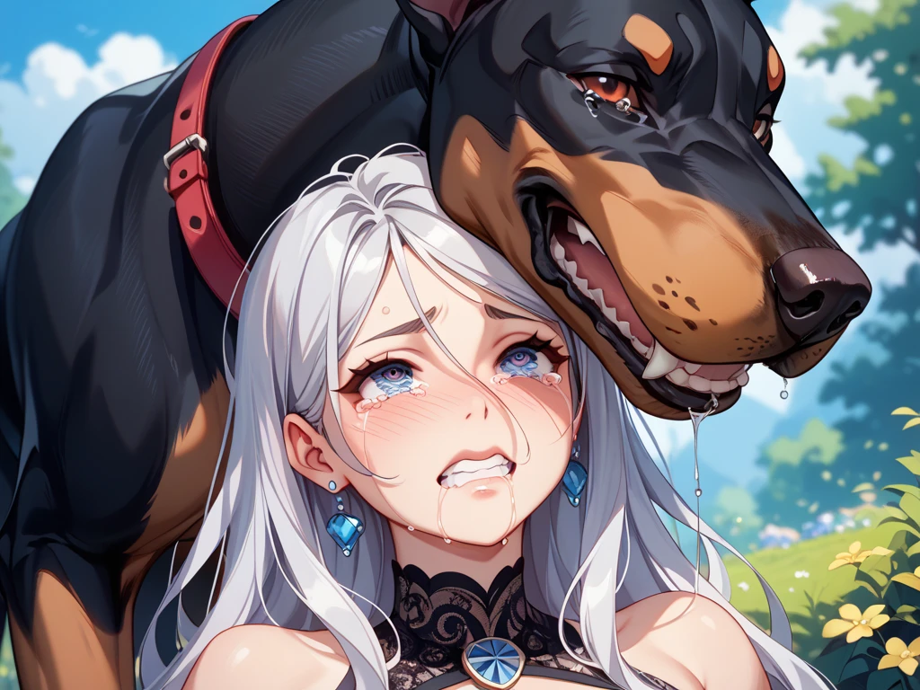 big breasts:1.5、、highest quality、very detailed、Very realistic eye masterpiece、highest quality、very detailed、gray hair、perfect face、long hair、white dress、sundress、Sex with dogs、