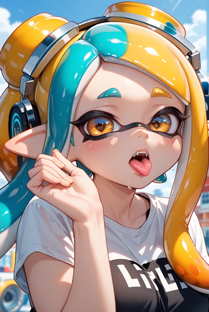 Highest quality,3d, Best realistic animation,masterpiece,Ray Tracing, Global Illumination,Blowjob gestures,(splatoon girl), alone,Looking at the audience,Outdoor,wariza,saliva,Verbal invitation、blush、Sexy Looks、Big and pretty eyes、Golden Eyes、blush、Big Breasts、Cleavage、