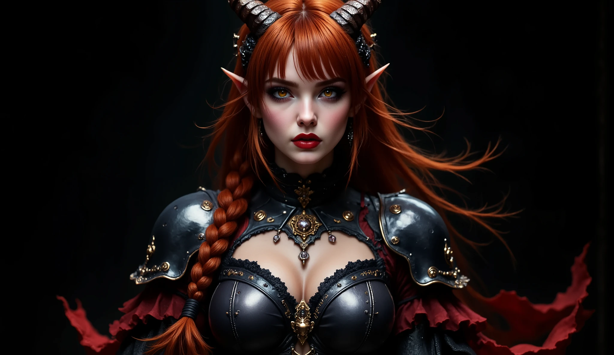 Image of the bust from head to chest, facing the camera in a high angle foreshortening, beautiful woman, very long hair tied in a very long braid that reaches her . Fire red hair, very detailed hair, she is a medieval fantasy demon warrior. Very detailed brown twisted ram horns on her head. Pointed ears with piercings. Angry demon woman with a stern look at the camera, evil smile, she is wearing a red leather cape, frayed and tattered old cape, her face is perfect and beautiful, very detailed heavy armor made of black metal and bones, very detailed armor torso with gold engravings and filigree, big , armored forearms with black battle spikes, demonic emblem with gray inlaid skulls on the shoulder with black armored protectors. Arms bandaged with straps and broken bandages, ribbons surrounding her arms, under the cape you can admire her spectacular body and magnificent armor. With piercings in her pointed dark elf ears. Very detailed orange eyes, sensual thick lips, angry, pink and wet lips, long eyelashes. Reinforced black metallic gauntlets. She wields with both hands a cursed and mystical sword with the edge full of magical runes that gives off a reddish aura. The warrior demon looks at the camera with a grim and defiant expression. Very dynamic and aggressive pose. Colorful gothic-themed tattoos, in shape, the very provocative red cape exposes her spectacular body and turns in the wind. Aggressive and threatening pose. Pure black image background, ideal for wallpaper.