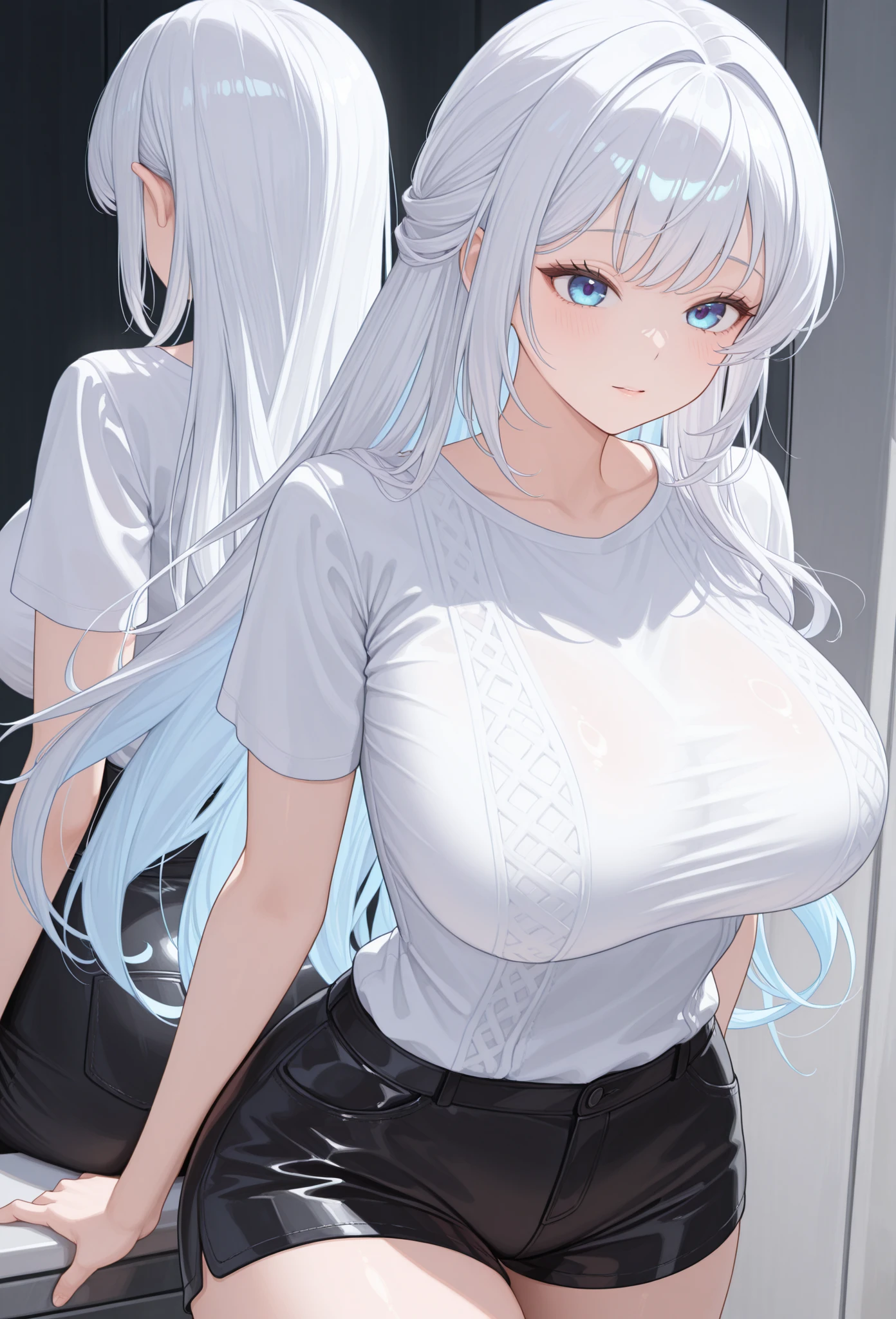 (Uhd, Masterpiece, Textured Skin, Super Detail, High Details, High Quality, Best Quality), Detailed Face, 1woman, mature pretty woman, (Huge Body:1.5), (Silver hair tied in a bun, long hair), (Short black top shirt, jeans pants), standing