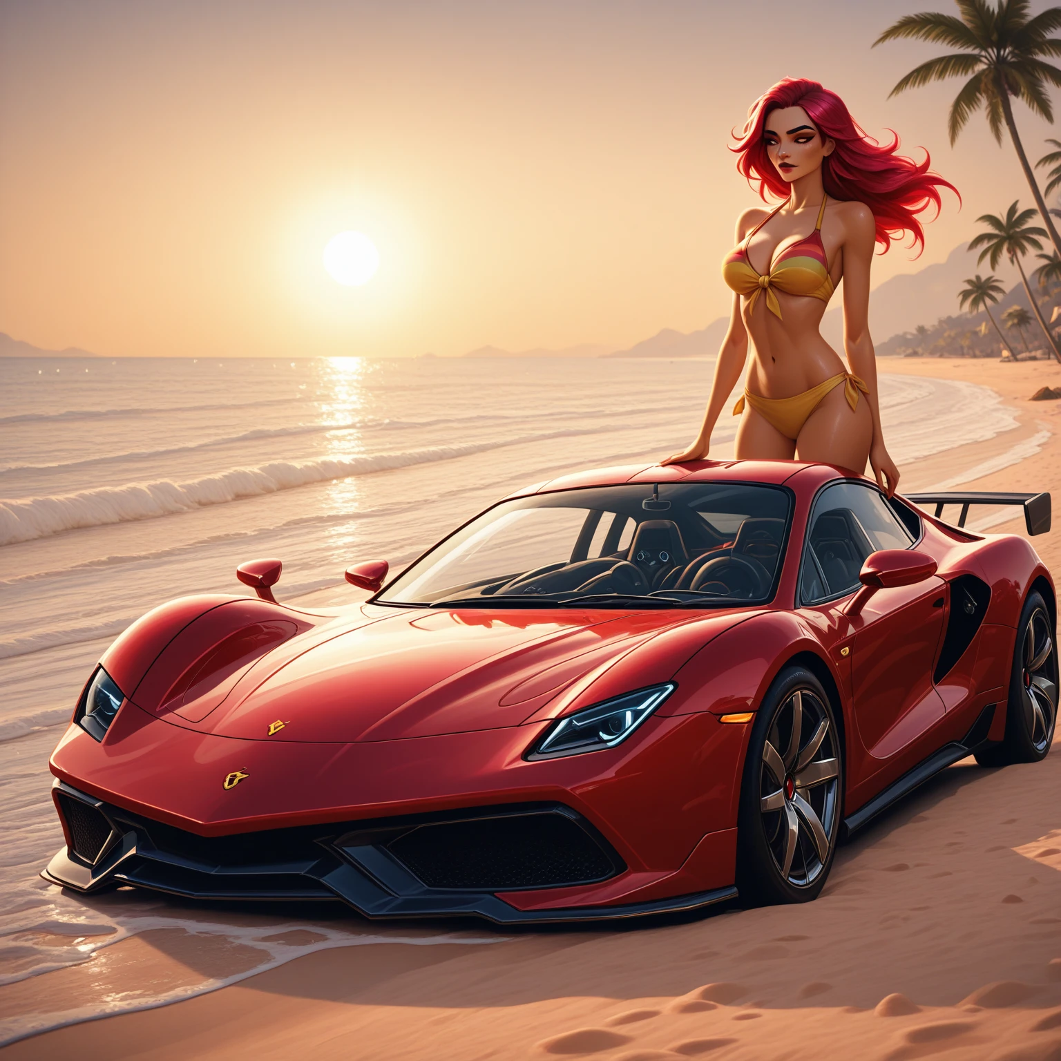 Gordeus girl in bikini washing hypercar, 4K, ultra detail, realistic. --auto