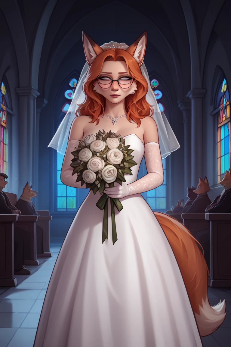 (ZPDhL2), (PonyxLV6 _glasses), refinement_Safety, expressive, Portrait shot , BREAK lhata4564 , d3t41l3d, One, (fluffy, antro), woman, lilian, European girl, (fox girl with ginger tail, fluffy snout), (standing, holding a bouquet:1.35), tight horse tail , (wedding dress:1.2), (altar, preacher, Church background ),