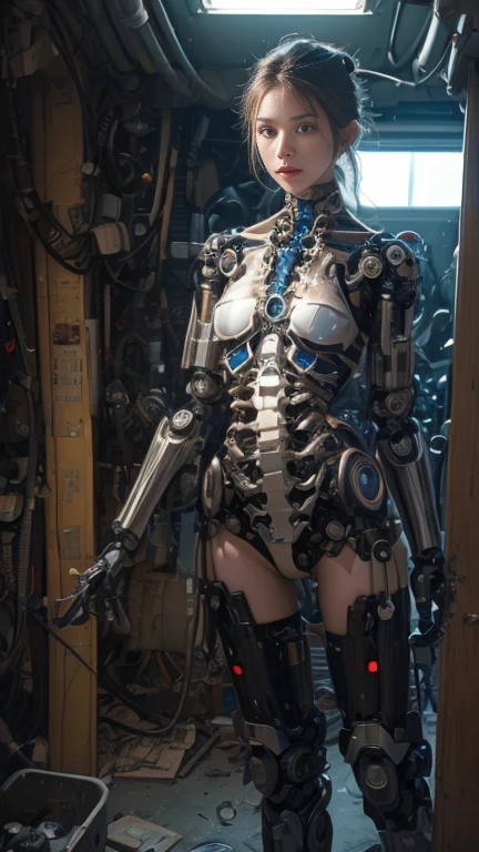 masterpiece, best quality, extremely detailed, Japaese android girl,Plump , control panels,android,Droid,Mechanical Hand, Robot arms and legs,Blunt bangs,perfect robot girl,long tube,thick cable connected her neck,android,robot,humanoid,cyborg,japanese cyborg girl ,future laboratory,robot laboratory,maintenance,connecting a cable between the legs,skirt, She is charging now,