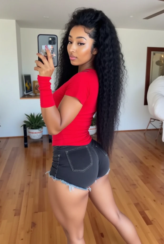 (une jeune fille)),((long curly black hair)),Brown eyes ,(((makeup with black mascara, Lipstick, radiant skin,CORPS TRES SEXY,peau douce,enchanteur))),((de tres beau vetement ou l'on voit sa culotte rouge )),big round ass well rounded and muscular ,arched back,pose sexy,((souriant joyeusement)),((texture de peau ultra réaliste)),((sitting on a deck chair ))),enjoy,Haut du cGoldps,head of&#39;artwork,realistic face,8K,yeux parfaits,Fujifilm XT3,Time of&#39;Gold,85mm,best quality,high resolution