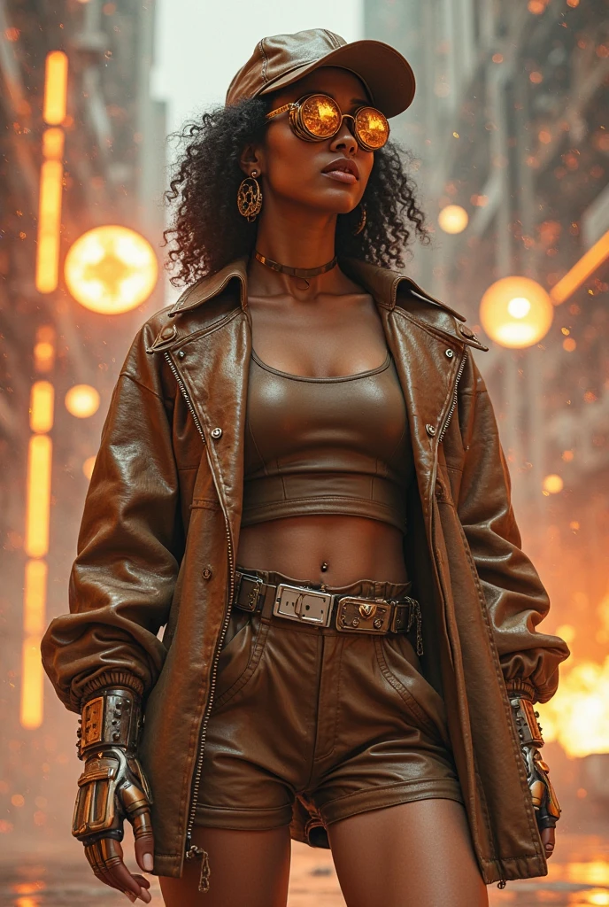 Girl 18 years old African American black leather jacket and pants, sunglasses, short curly hair,half body big breasts,with nervous expression,armed, holding two knives up,in the desert the starry night,(8k detailed realistic raw photo)