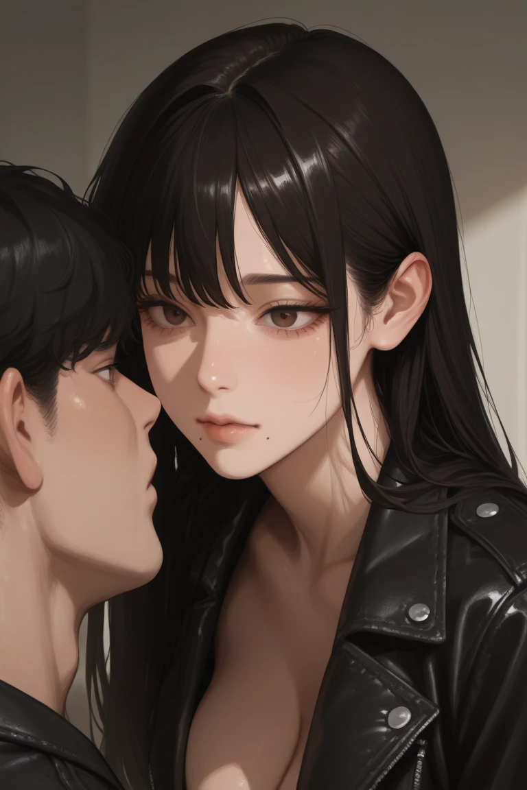 Woman 1 holds her phone down Man 1's throat、Women look up