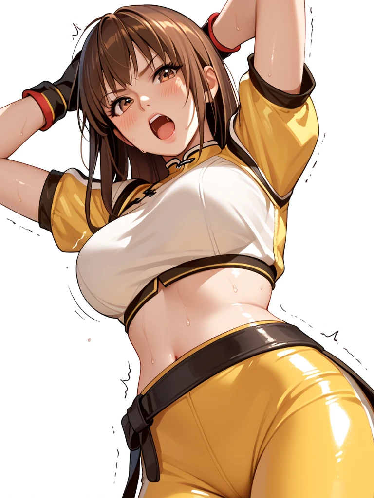gloria, underboob, super short pants, pretty face, beutiful face, brown hair, yellow eye, short hair, futanari, big penis, sports, Cummings 