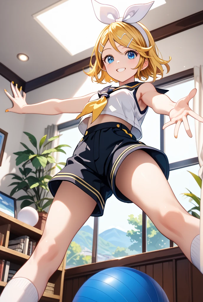 Modest, Shy, Infinitely cute and beautiful, sporty figure, pumped up athletic girl 17 years old; Blonde with short hair, with small neat elastic breasts; with protruding muscles; big eyes, long eyelashes, Happy, joyful smile, laughter, looking at the camera, Silk absolutely white ballet swimsuit, stretching, ballet steps(Arabesque folds); An alluring hand gesture to the audience, performing on stage, The spotlight is aimed at her (In the circle of light), Focus on that; full body photography, A little further away, Anatomical realism, higly detailed, high quality textures