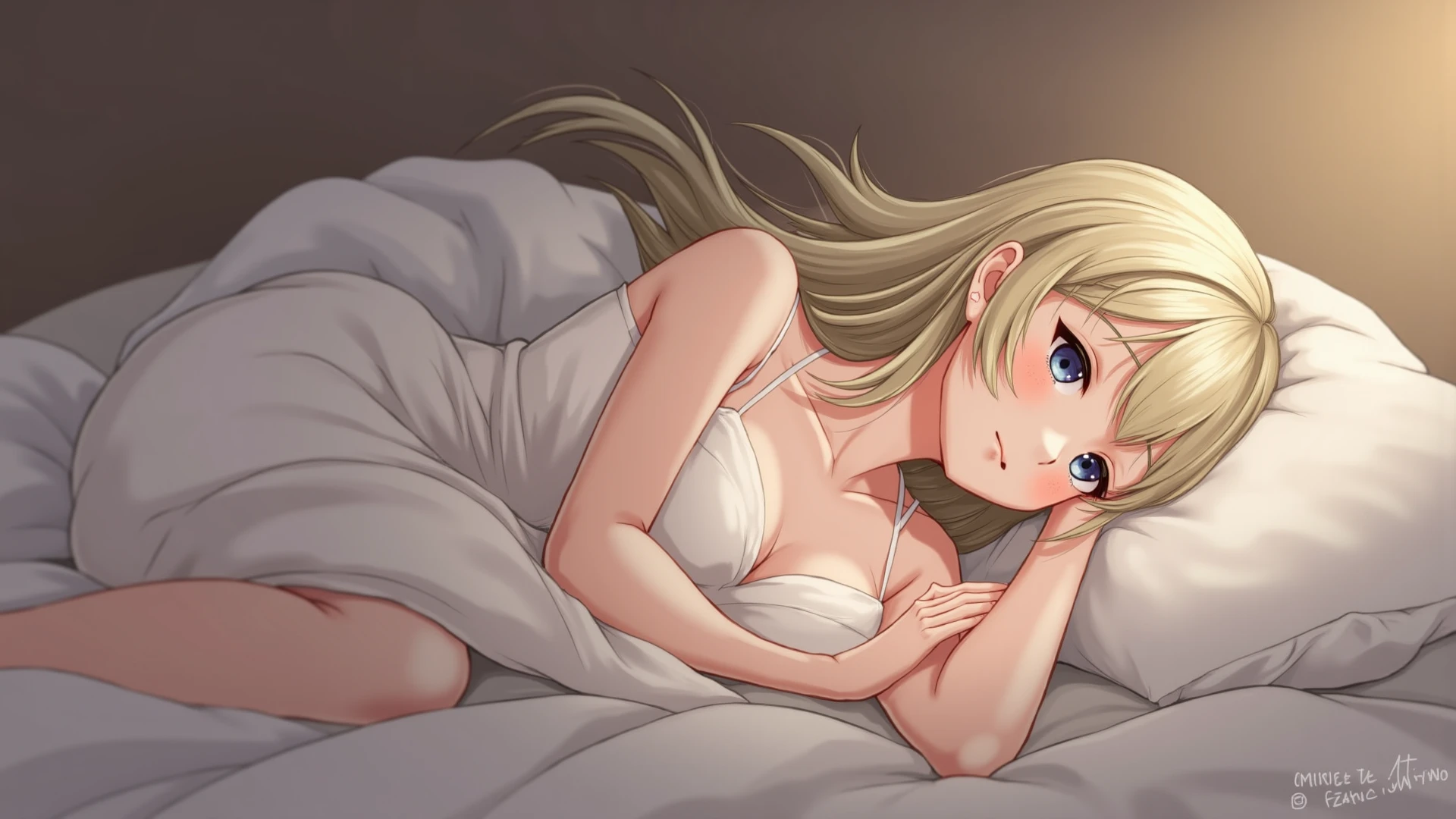 girl , historia, Blonde hair, long hair, Blue eyes, Gentle lips, small breasts, masterpiece, Best Quality, standing, White tank top, white panties, lying down, lying on stomach, on bed, detailed face, side view, smiling