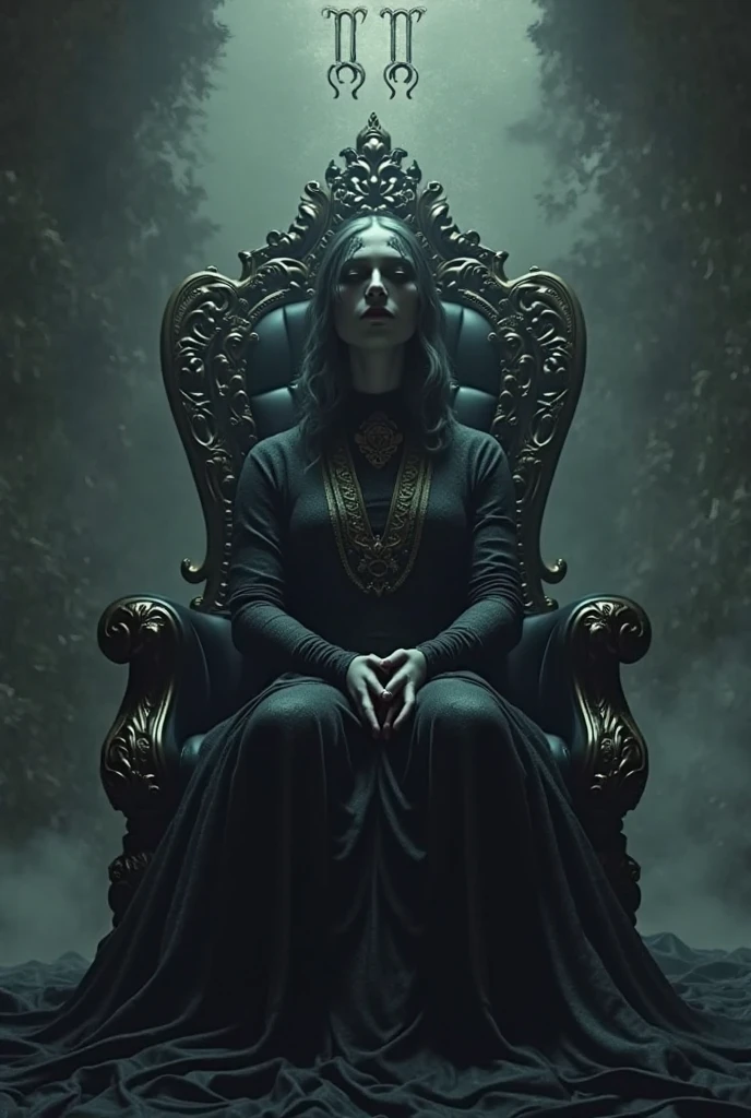 two dark elf kings and an elf queen, all dressed in black armor covered in darkness, all sitting on a single large throne that sits on a gigantic white tree