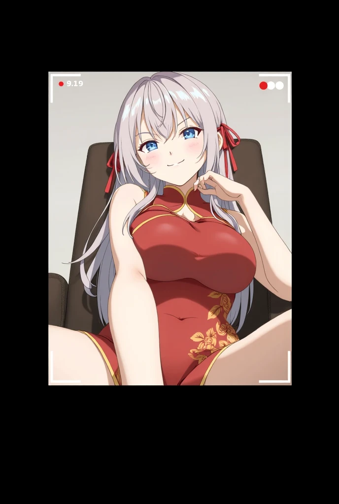 A woman, flowing white hair, melancholy eyes, yellow pupils, black diamond-shaped hairpin, Tiny feathers are dancing, angry, arm support, arms up, incoming hug, pov, reaching, reaching towards viewer, looking at viewer, She is sitting on a super huge red silk soft duvet, Adult woman with big tits.