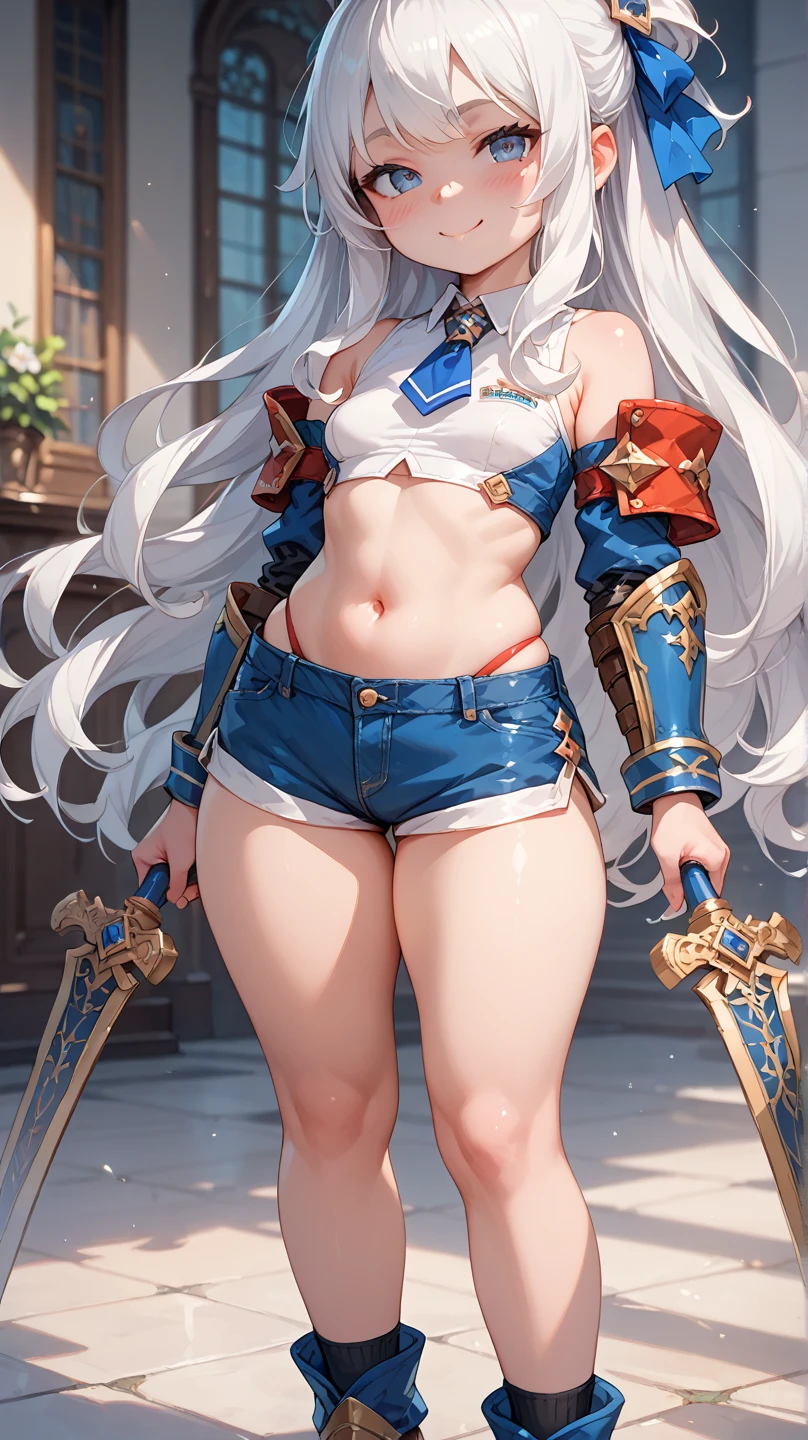 ((plain background:1.2)) ((1girl)) full body, standing, elf, mature, detailed happy face, purple eyes, blonde hair, black and white bikini (cow print bikini) (detached sleeves and stockings like ciw print) abs, big knockers, golden chain collar, stomach tattoo (red tattoo under belly button) (navel) whole body, 1solo (girl), slave fighter, loincloth standing, hands on hips, metal sandals, choker, big belt, looking to viewer, view from below, cow boy shot, far shoot, feet together, bracers, tiara