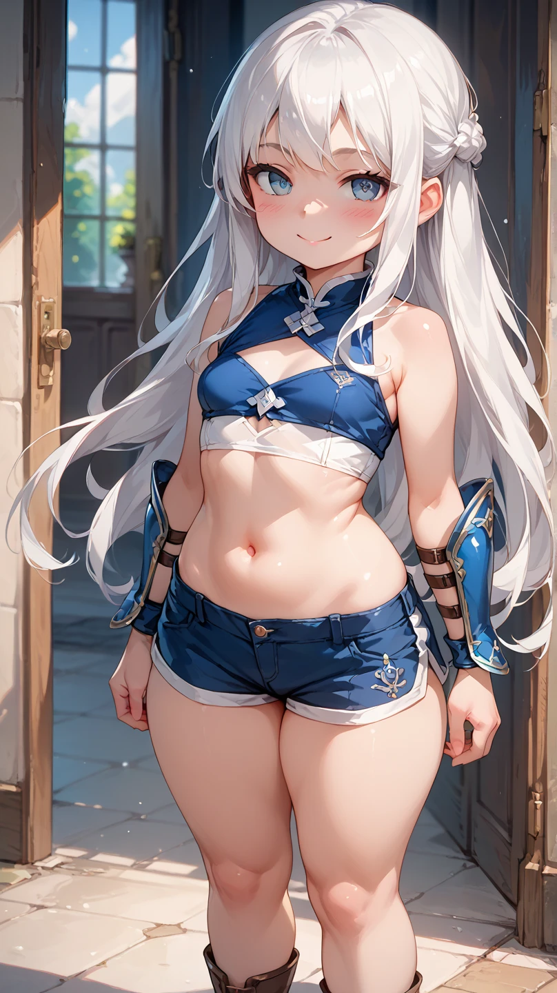 (((masterpiece))), 4k resolution, highly detailed, (((extremely detailed eyes))), detailed background, luminous lighting, crystal clear eyes, blue eyes, high quality, high resolution, ultra-detailed, 8k, best quality, (1girl), ground, shadow, backlight, light particles, thick filters, (((muscular thighs))), (masterpiece: 1.3), (best quality: 1.2), (super fine illustrations :1.2), (masterpiece), (masterpiece), high quality, high detail,(SOLO:1.4),((round image)), 1girl, (kamisato ayaka), smile, blush, closed mouth, thick , medium breasts, (((white hair))), traditional Japanese house, from above, (muscular belly), (((very short bikini))), standing, barefoot,
