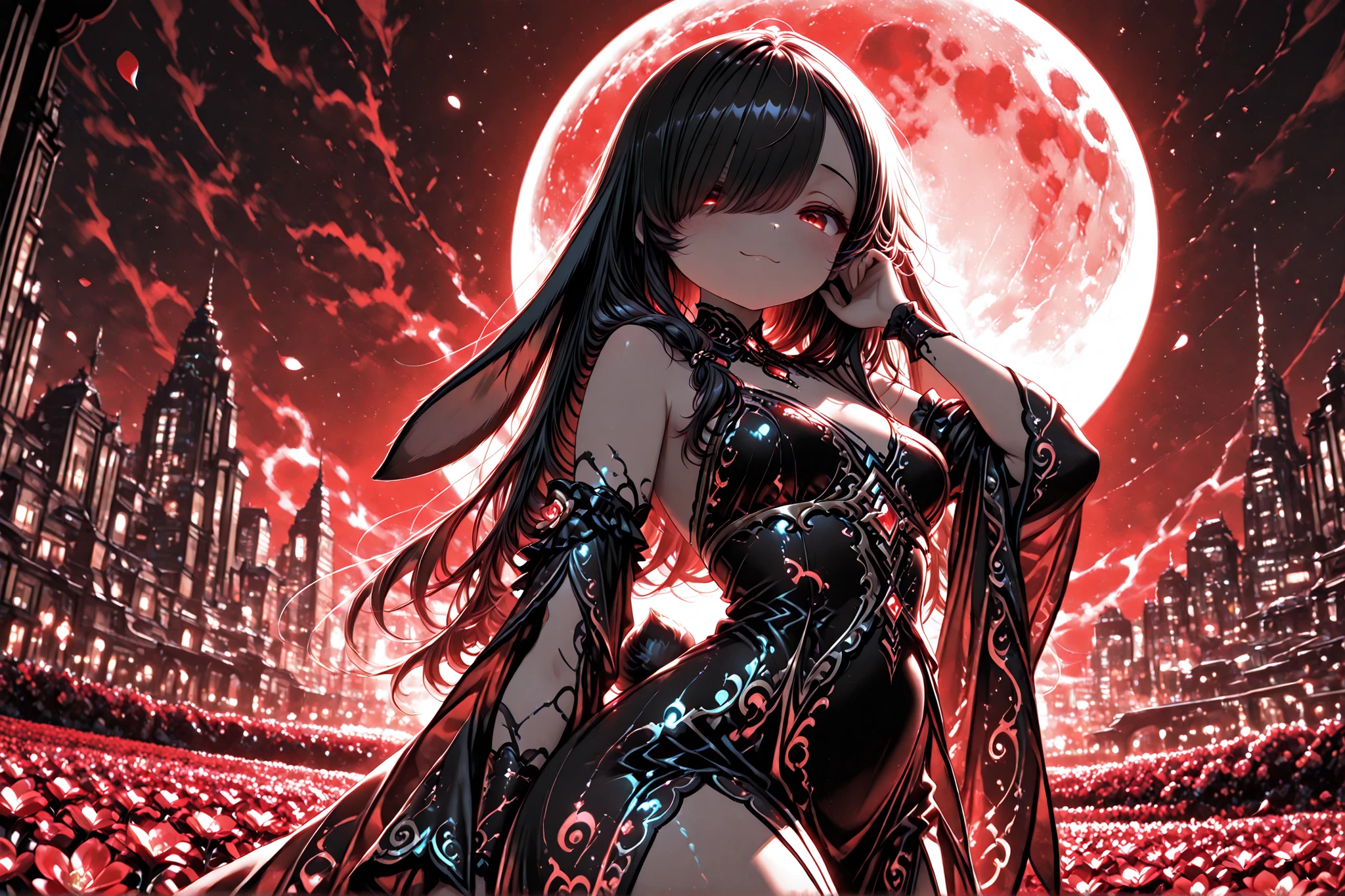 1girl, Kuroki Monika, lop-eared rabbit girl, black rabbit ears, long drooping rabbit ears, black rabbit tail, red eyes, hair over right eye, black hair
, elegant gown, flowing hair, soft light, glowing dress, gold embroidery, gemstones, bold_primary_colors, vivid_contrast, intricate_details,large anime eyes,  Vivid color palette, soft shading, minimalist details, dreamlike atmosphere,glow_ink, neon_reverie, translucent_paint, rabbit ears, rabbit tail, animal ears, detached sleeves, breasts, bare shoulders, wide sleeves, dress, animal ear fluff,glow, neon reverie, translucent, evil smile, hand on face, red full moon, dark theme, red theme, black theme, flower field, petals, swirling, photo background, city in background, black theme, red theme, moody colors, dramatic, dramatic lighting, dramatic shadows, cinematic, cinematic lighting, cinematic shadows, cinematic composition, masterpiece, best quality, amazing quality, absurdres, ultra-detailed, very aesthetic, (((dynamic angle))), foreshortening, closed_mouth, looking_at_viewer, serious, (((dynamic pose)))