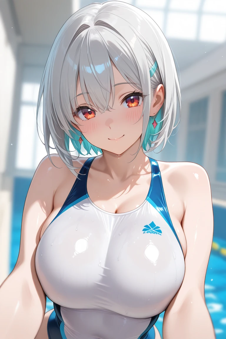 very cute and beautiful girl, (highly detailed beautiful face), (blue school swimsuit), sweat, wet, waterdrop, school swimming pool, looking at viewer, (platinum silver hair:1.5), (airy bob cut:1.6), (bang between eyes:1.4), (glossy silver eyes:1.5), large breasts, little smile, (best quality, masterpiece), absurdres, highres, ultra-detailed, extremely detailed, 32k, cinematic scene, detailed background, solo, (on the table:1.2)