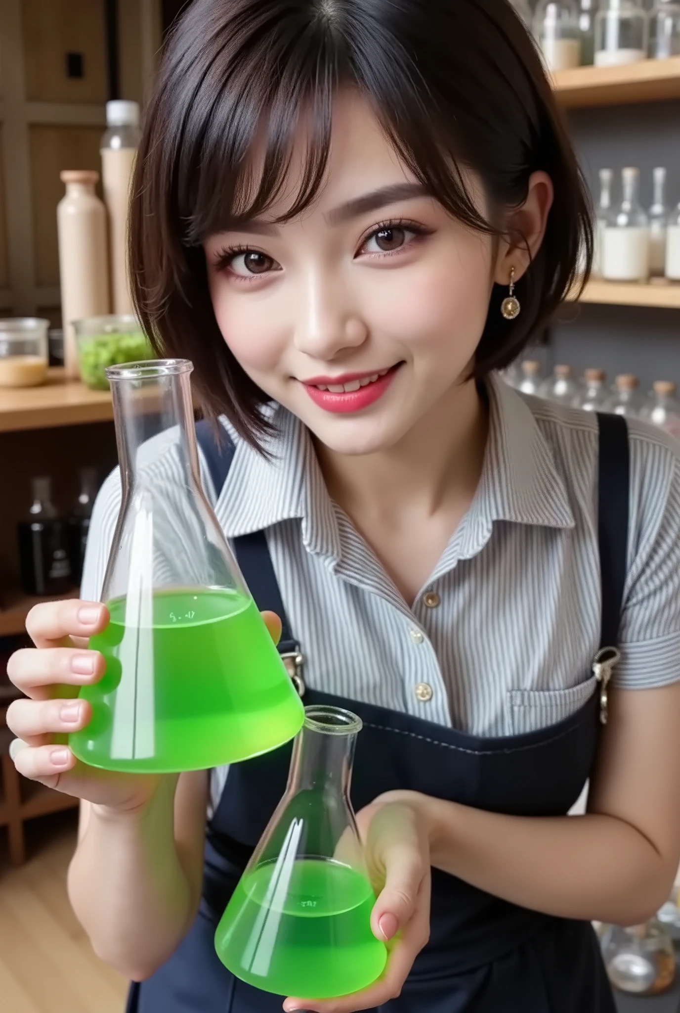realistic,Real,((Law Angle2.0)),((Law Angle2.0)),((Look down 2.0)),frame up to the waist,((Law Angle2.0)),((shop:壁つけshop舗,I have lots of flasks and beakers on the wall、It's colorful and contains fluorescent paint liquid)),((shopの入り口に立っている2.0)),((Framing up to the knee)),short short hair,have bangs,((long slant eyes)),tight eyebrows,Foxy face,(((holding flasks containing fluorescent green liquid standing at the entrance of the store2.0))), shirt:vertical stripes,White and blue、beige pants,(Small navy blue apron),natural makeup,Small earrings,((A bright and energetic smile showing teeth and laughing 2.0)),Active Poses,While working,