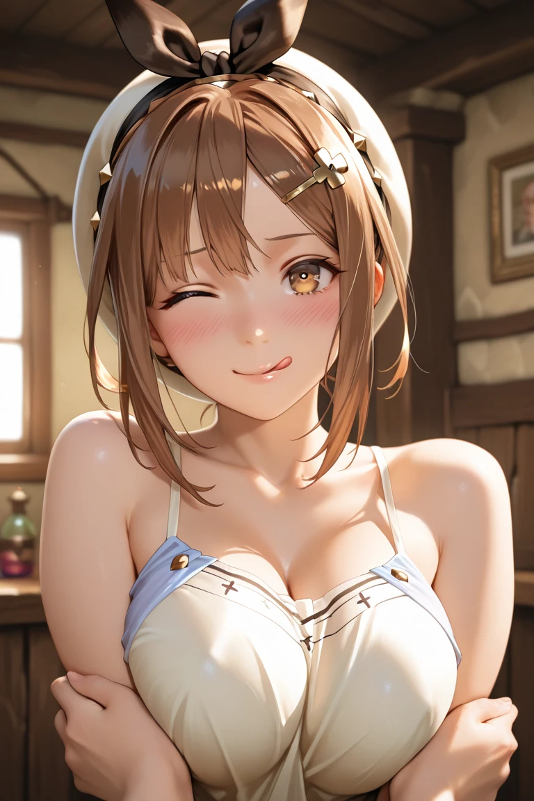 {{{nsfw}}}, {{{masterpiece}}}, {{{best quality}}}, {{ultra-detailed}}, {illustration}, {{an extremely delicate and beautiful}}, ((nude, Completely naked:1.2)), 1girl, (resna, brown hair, braid, blue eyes, medium breasts, slim body, 17 years old), breasts squeeze, light smile,