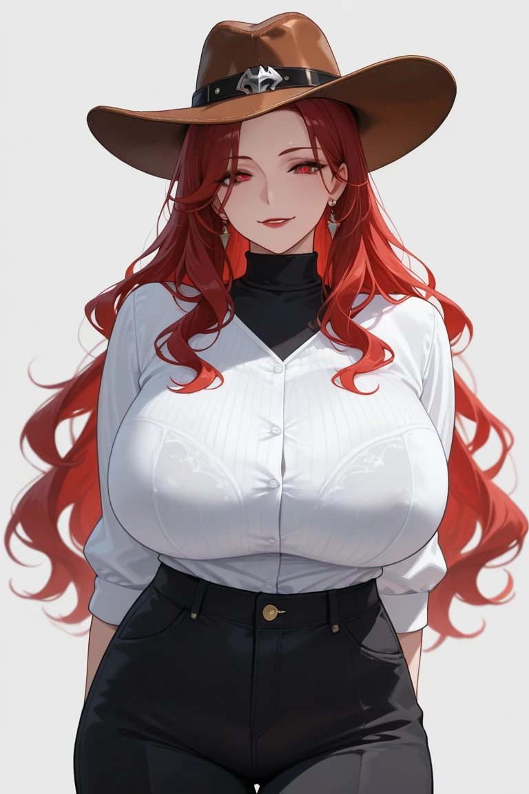 ((best quality)), ((masterpiece)), (detailed), perfect face, 1woman, mature woman, ((long hair, red hair, green eyes)), (Huge Tits: 1.2), (Closed Shirt: 1.3), (Chubby: 1.3), wild west atmosphere, (Cowgirl Outfit: 1.4), cowboy western, cowboy shot, smile, happy, cowboy hat
