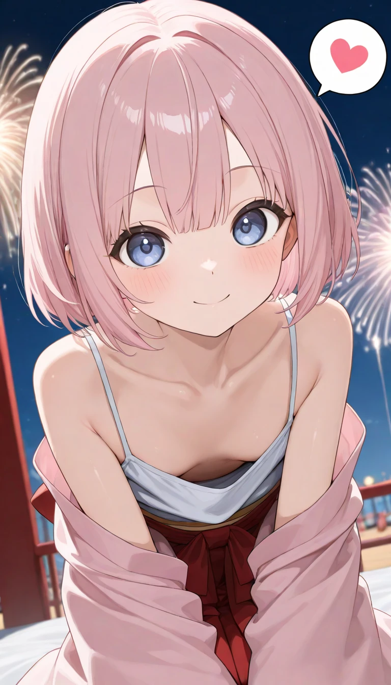 (1 girl),(Best Picture Quality, 8K, Masterpiece:1.3), (high school student:1.5), ((pink lob hair:1.1)), (bob cut),(swept bangs), (cute eyes, pupil black, iris skyblue, youthful face), (mole under right eye), (standard weight), (small breasts), (glistening skin:1.1),(pale skin:1.2),(pink yukata),(fireworks:1.2),((Nymphet fashion)),((summer scene:1.2)),(magnificent view),(Smile).