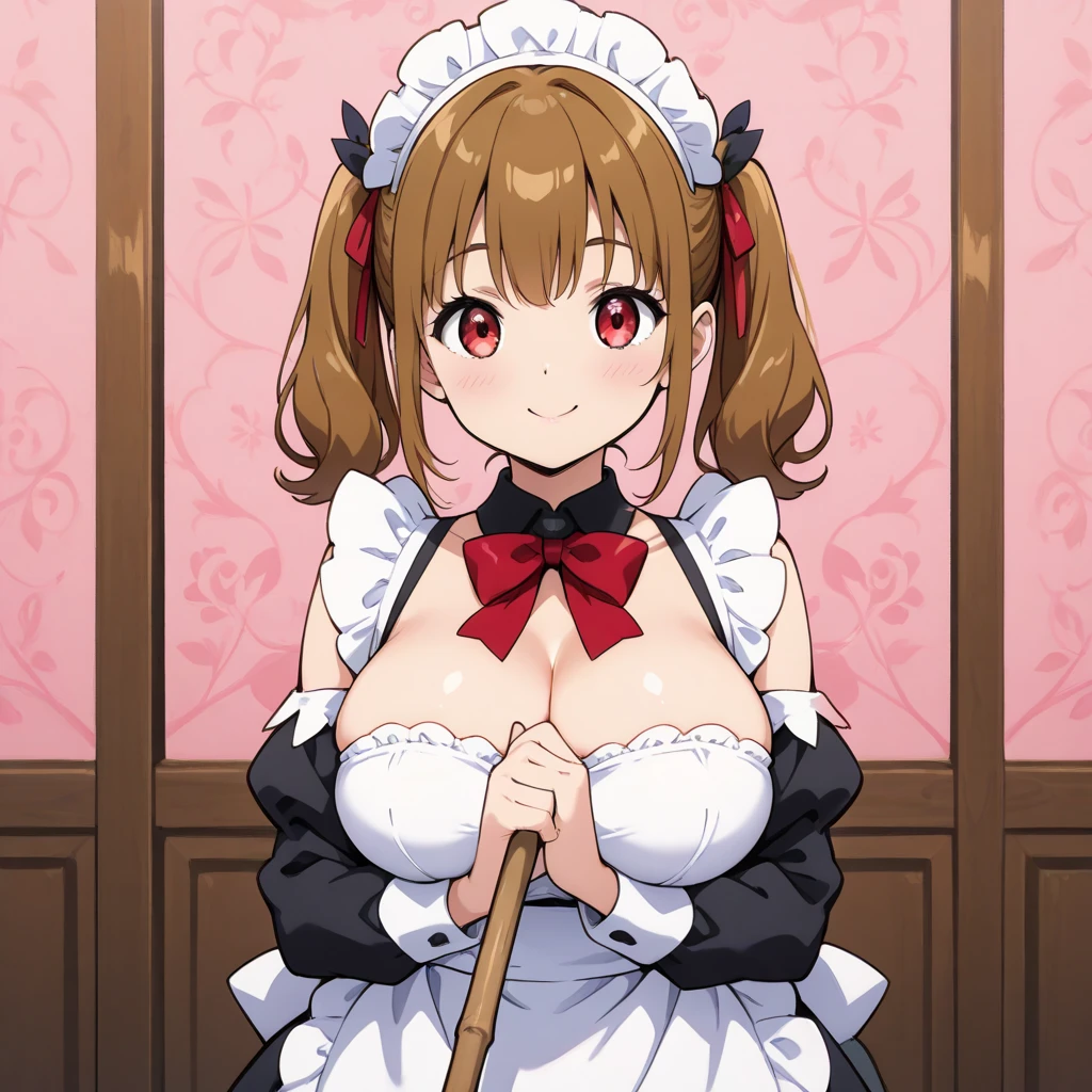 One person, alone, Maid clothes, White sneakers, maid wear, White Background, masterpiece, Highest quality, Realistic, Ultra-detailed, (Glowing Skin, Sweaty:1.4), Absurd, View your viewers, Short blonde, Red eyes, thin, Dynamic Lighting, High resolution, Sharp focus, Depth of written boundary, Detailed eyes, Sharp pupils, Realistic pupils, (Big Breasts:1.6), (Thick thighs:1.0), whole body, Hazel Eye