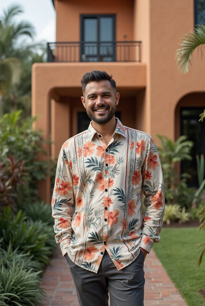 40-year-old man in floral shirt, lightly tanned skin, slightly muscular, on a beach, looking towards a sunset, in 8k quality, very realistic.