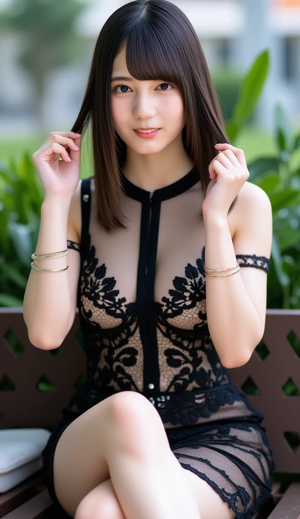 masutepiece, Best Quality, One girl, (Beautiful Girl:1.3), (:1.2), Very fine eye definition, (Symmetrical eyes:1.3), NSFW, (cute le、With net-like slits、Highly detailed mini dress with open neckline、:1.3), Spread legs、Beautiful breasts, Brown eyes, Parted bangs, Brown hair, Upper teeth、background outdoor blur、Chain Choker、You can see the panties.、