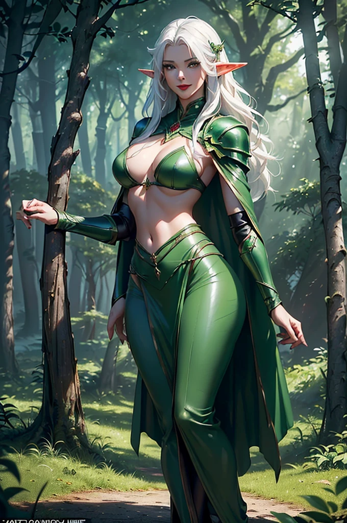 Lord of the Rings,warcraft,close up,winter forest,magical elf forest,rune tattoos,Royal green and gold suit,forest elf short sleeve leotard,royal elf cape,forest elf armor, Short elf hair,war makeup,blue colored eyes,multicolored silver hair,long elf gloves,sorriso sexy,beautiful girl,tall elf boots,breasts big,8k,ultra detaild,realisitic,Fantasyart,viking armor,clip,ear piercings,(climate:rainny),1 girl,elf ears,holding an elf dagger, thong panties, BODY DE FIOS, LOW-CUT BODYSUIT