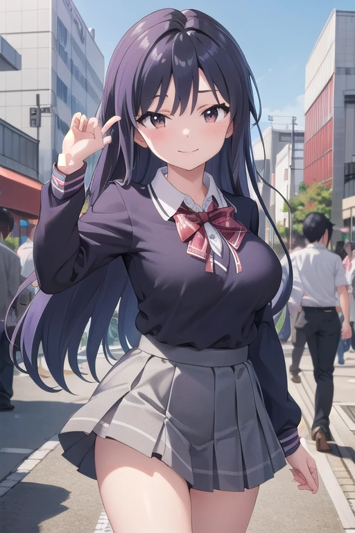tohkayatogami, tohka yatogami casual, long hair, purple hair, alluringly smile, dress, long sleeve, mini sheath dress, tight dress, v neck, ribbon, neck chokers, (purple eyes:1.1), hair ribbon, ponytail, purple hair, white ribbon,g cup breast , cleavage, plump butt(dark green dress:1.2), short skirts, hand on back
BREAK ,
BREAK outdoors, city, people, crowd, sky, clouds, sun, blue sky,
BREAK looking at viewer, (cowboy shot:1.5),
BREAK (masterpiece:1.2), best quality, high resolution, unity 8k wallpaper, (illustration:0.8), (beautiful detailed eyes:1.6), extremely detailed face, perfect lighting, extremely detailed CG, (perfect hands, perfect anatomy),