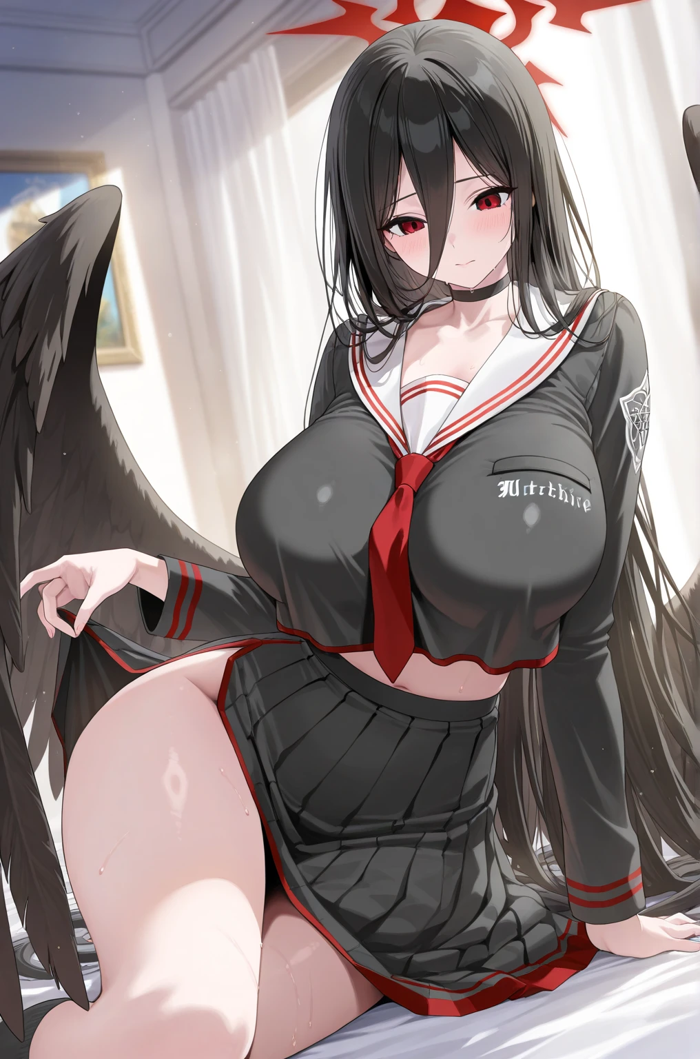 1girl, solo, masterpiece, best quality, detailed, narrow waist, wide hips, huge , huge ass, sc_9, score_8_up, score_7_up, Hanekawa Hasumi, black hair, hair between eyes, long hair, mole, mole on breast, moer eye, red eyes, wings, black wings, low wings, feathered wings, black choker, black serafuku, black skirt, black thighhighs, garter straps, long sleeves, pleated skirt, , serafuku, side slit, skirt, thighhighs, white collar, whie sailor collar, cleavage, 1boy, k, deepthroat