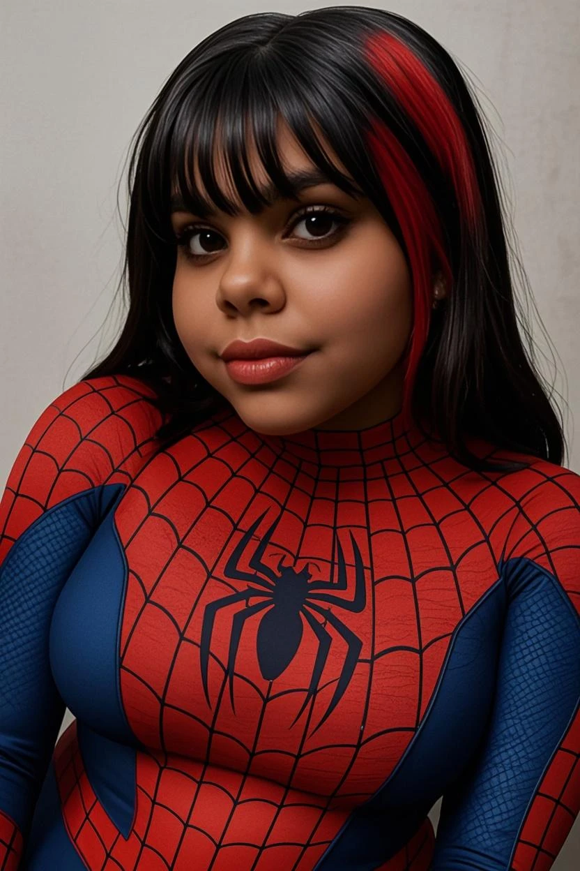 "A gorgeous black woman posing in athletic shape with braided hair and large breasts wearing a sexy spider-man outfit."