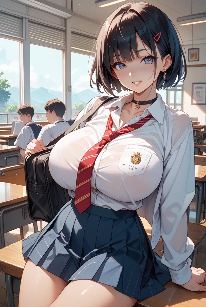 Masterpiece to the smallest detail、top-quality、1girl in、独奏、15yo student、170cm、hi-school girl、Model body type、perfectbody、 (((huge gigantic soft natural boobs:1.1))), Breasts so big that they hang on the floor、130 cm breast、ＸCup milk、Realistic nipples、Extraordinary Beauty、Hair with silky texture、12-year-old baby face、red hairs、Gradient Bob Forward、Two-color mesh、Beautiful eyes、Realistic pupils、Tall, big eyes、Outstanding looks、A lovely child、proximity、closed_mouth、a smile、red blush、full of shyness、blue headwear、Hats、pink bowtie、校服、 Blue jacket、jaket、skirt by the、Gray skirt shirt、white  shirt、an legs、Black socks、sitting on、‎Classroom、hair_ornament、looking_at_viewer、beatiful detailed eyes、Akame、panties on、Professional effects、Charming gestures、