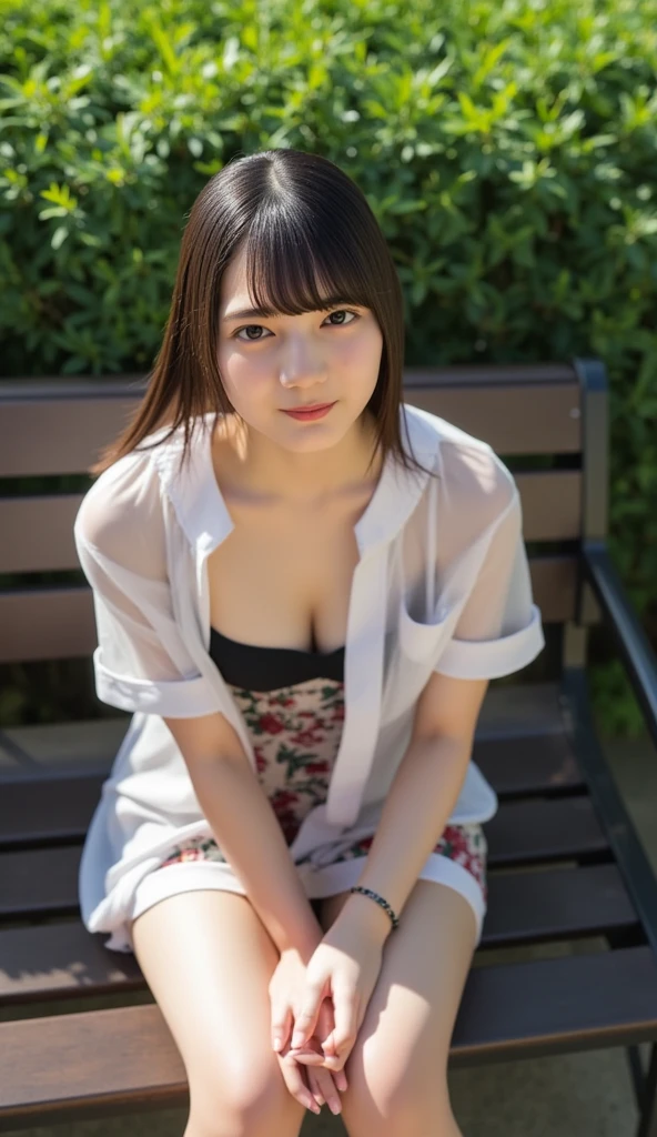 RAW photo, bokeh (realism: 1.4, realistic), high detail CG unified 8K wallpaper, 1girl, (HQ skin: 1.4), 8k uhd, dslr, Front light, high quality, 21 years old female with long hair,((slim body, skinny, natural big breast, medium shoulder, legs)), ((detailed micro bra, short skirt,cleavage)), (looking at viewer), (((a sexy woman sitting on the bench))), ((aerial shot)), (((Full Body:1.5))).