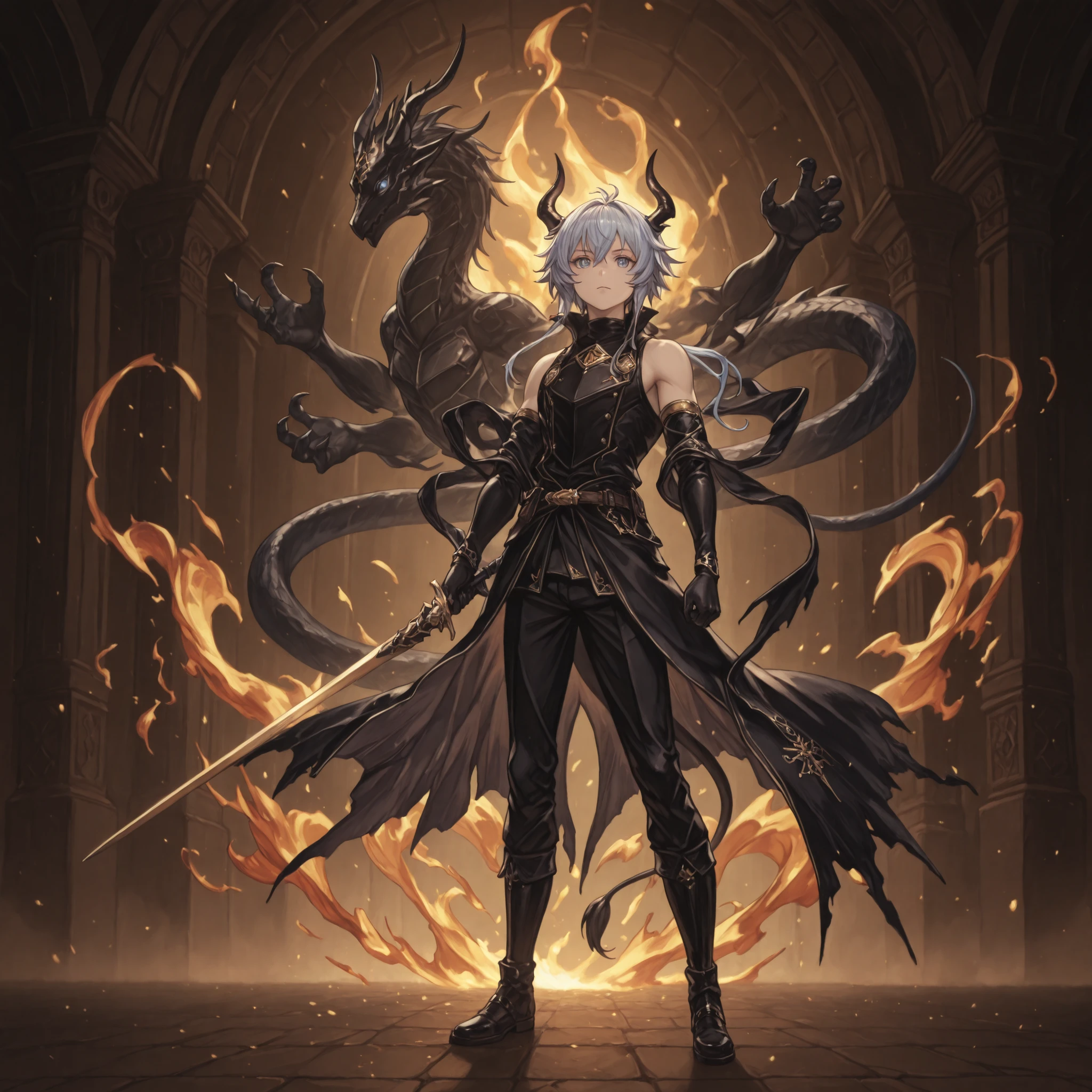(Corpo e Tamanho ): sozinho, 1 ,  e baixo,  personagem pequena, personagem curto, personagem curto ,   Personagem 1  ,50 metros de altura,  e baixo,   personagem jovem, of Lucifer with a male body of Rimuru Tempest of "Tensei Shitara Slime Datta Ken", male character;

( Hair and head   )cabelo loiro, Hair like Flamme's hair "congelar:  Beyond the End of the Journey ", franja longa, color black with horns like those of Reed, The Shadow of the Flame of "arknights";

Face and body like Alice Zuberg "Sword Art Online", flashy blue eyes, rosto provocativo,  sorriso provocante , rosto jovem, perfeito e bonito,  corpo masculino, sem seios, corpo de meninotomia perfeita, , the character's tail must be that of a dragon and must be black (with a golden flame on the tip of the tail), black tail like that of Reed, The Shadow of the Flame of "arknights", They must be black;

Colored arms in the Nian style of "arknights" (but arms and hands must be painted in black with gold details), exposed arms and shoulders, hands with claws, black hands with gold details, black arms with gold details, always wearing Reed's coat;

Black coat like Reed's on "arknights",  tactical military clothing  (colada no corpo) black with gold details like the character / Lucio - Granblue Fantasy - (Ilustre) [ commission ],  black pants, exposed arms, corpo baixo, exposed arms and shoulders, coat falling over the arms;

creating a large golden flame in the hand;

fundo preto, attack position, coat looking at the observer,  mãos e black arms with gold details, sempre vestindo o;

Pose chamativa, exposed shoulders and head, perto do rosto, looking at the character, coat looking at the observer, cara a cara,  sorriso provocante ,    Confidence   ,  e baixo,   personagem jovem, the same height as the character Rimuru Tempest;