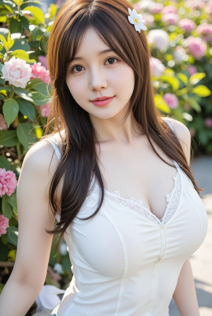 A beautiful Japanese shy girl, age 20 years old, light honey long hair, brown eyes, shiny lip, shiny hair and shiny body, wearing shiny white babydoll dress, in Vast flower fields, light shine in, ecstatic expression, Photo with blurred background, leaning forward