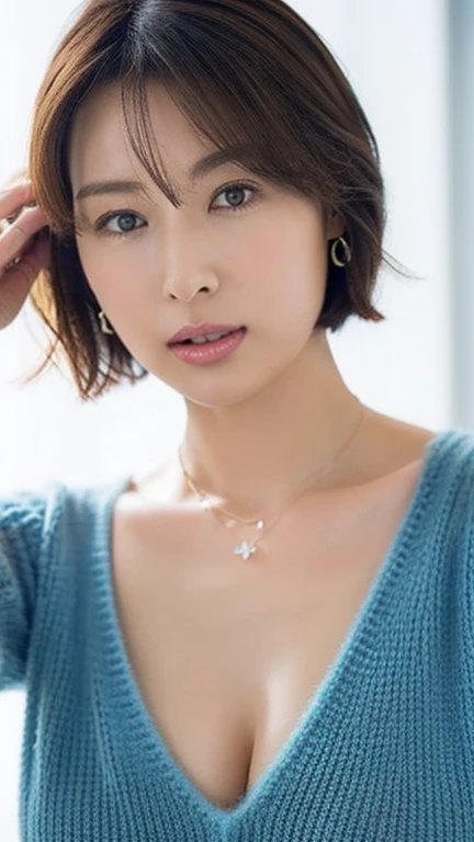 You are a professional gravure photographer.。future、Beautiful Eyes、 ((highest quality)), Clear contours, Woman with beautiful face, (((One Girl,alone))), ((Beautiful Eyes)), Sex Appeal,Albedo and Specular Maps、Accurate simulation of lightweight material interactions、Very Short Hair、smile、Show off your thighs、Looking up angle
