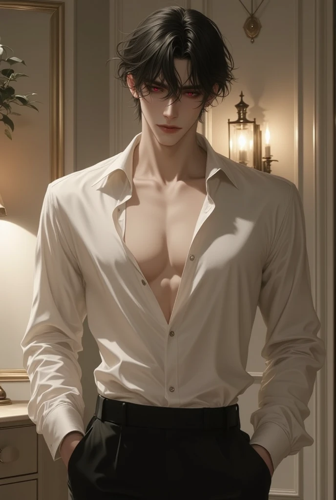 ((Best quality)), ((masterpiece)), (detailed), ((perfect face)), ((halfbody)) perfect proportions ,He is a handsome student, 18 years old, short hair, topless in uniform, there is a background of a school gothic room with lit candles, gnostic vibe ((perfect face))
