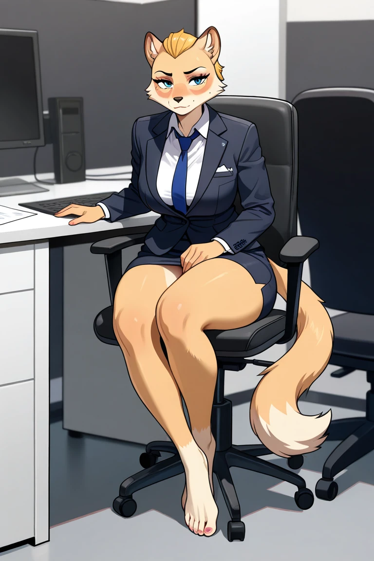 1girl, solo, masterpiece, indoors, scenery, office, business suit, miniskirt, thighhighs, fox anthro, medium breasts,, (body fur:1.3), (fluffy:1.3), (furry:1.3), sheer panties, sitting on desk with legs open, spreading legs