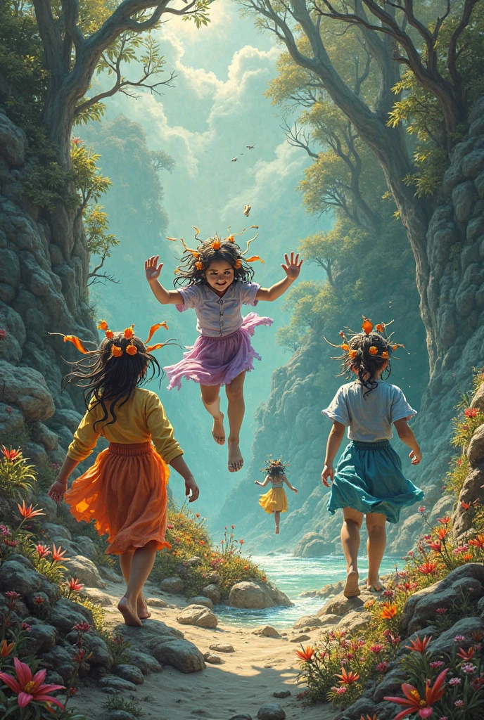 Cute girl,children,Children,Long hair,Enjoy her time in the open fields,Surrounded by the beauty of nature,warm sun sprinkling on her,The turtle back sways gently in the breeze。Butterflies and birds flutter around her,adding to the playful atmosphere,