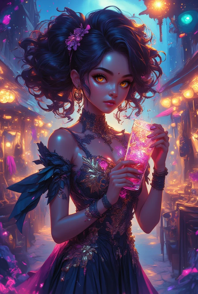 a sexy girl in a sexy dress tends the store at the counter, fantastic store, Fantasy world, dark, disturbing, strange, unnatural, (Rembrandt Lighting: 1.3) light particles, lens flares, store with several tentacles inside large jars, , a woman shopping, live tentacles for sale inside jars, side chest, forest cat on stage, close-up of the upper part of the body, artistic masterpieces that will go down in history, fantastic backgrounds, memorable scenes, fantastic angles (masterpiece : 1.2), (best quality: 1.2), intricate details, newest, AI generated (Bill Sienkiewicz inspired art, intricate details, oil painting)