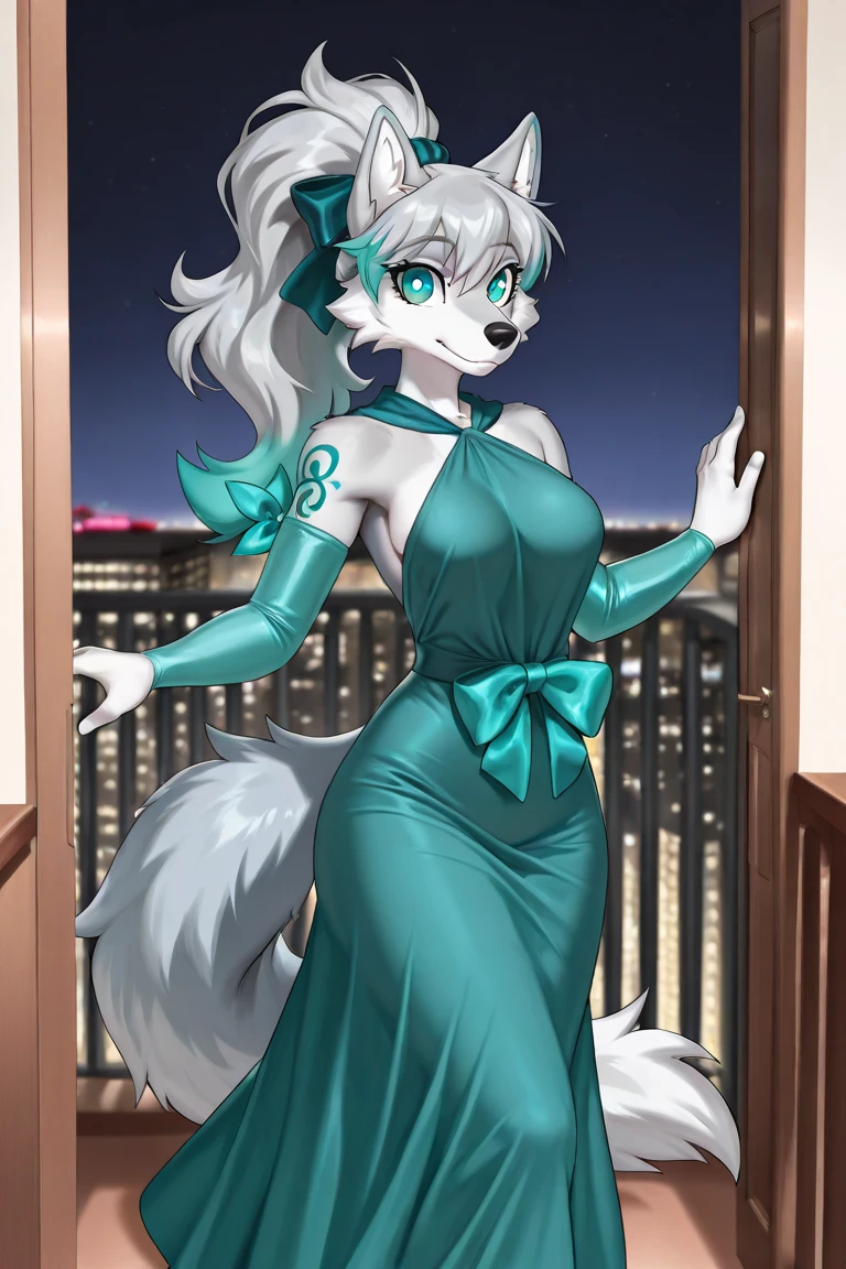Beastars art style, beastars, Juno, brown wolf, she Wolf, 1girl, furry, long curly brown fur, slim figure, blue eyes, wide hips, Big breasts, nurse uniform, cleavage, night time, Las Vegas hotel