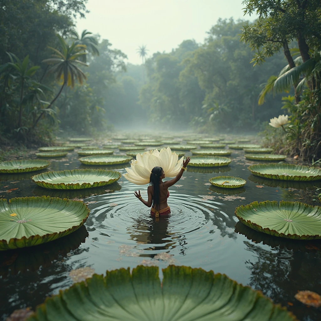 Oil painting, A small honey bee nectaring from a lotus flower, a drop of honey dripping from the lotus petals, the scene is captured through the thick legs of a woman, she's wearing thin small golden anklets, she's supposedly playing in the pond cliff, sensual oil painting high clarity beautiful ambiance traditional kerala pond, beautiful master class painting, that lotus denotes a woman actually, be symbolic
Wide view of the woman thick thighs and thick legs, lotus between them, Dutch angle, portrait photography, cinematic, illustration, painting, wildlife photography, conceptual art