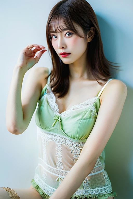 Top quality, one beautiful woman, wearing green lace lingerie, 35mm lens, f/1, cowboy shot, (white background: 1.3), flat chest, on bed