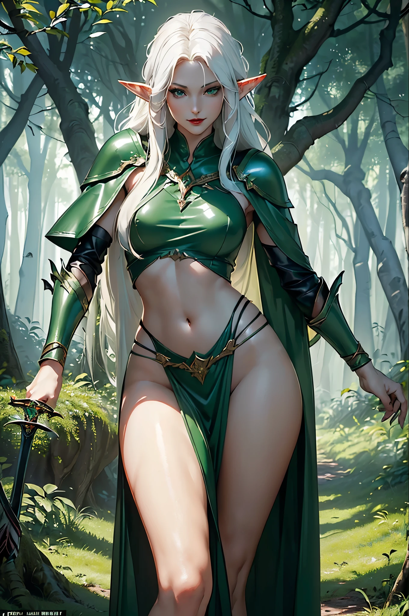 Sensual elf smiling from behind, with her private parts marked on her clothes by the water, showing her enormous wide and tight butt, with an angelic face with wet hair, exhausted, ultra realistic, hands behind her head: with semi-transparent costume very tight. Semi-transparent clothing, semi-transparent green and white clothing with gold details. A thin elf, with very wide hips and a tiny, super realistic waist. Her porcelain white skin shining under the natural light of the forest. Her beautiful, hyper-detailed, realistic features come to life in this cinematic image. Her voluptuous elven clothing clings to her body, showing off her perfect , The clothes are tight accentuating every curve of her, beads of sweat with detail on her skin, held by a spear-type sword between her hands, with elven details when holding it with both hands, ,The setting is a serene forest, with dappled sunlight filtering through the trees, casting an ethereal glow on the scene. (3:3 - 16:9 - q (no mutations, no double members,),detailed,detailed eyes, elf woman, flowers, wet hair,full body,detailed hands, detailed face
