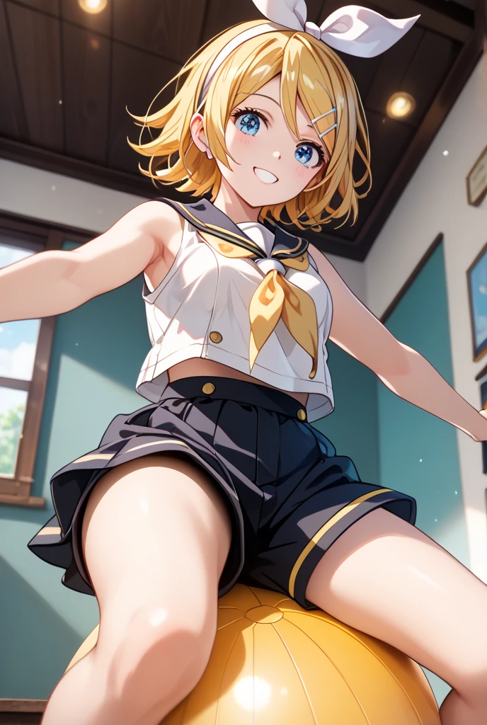 Highest quality ,masterpiece, One girl, Kagamine Rin , Hair Ribbon, bow, White shirt, Sailor collar, No shorts allowed, No pants, Without skirt, Fine and shiny eyes, Flat Chest, High resolution, wallpaper, 8k, Best lighting, Highly detailed illustration, blush, Embarrassing, smile, Open your mouth, ((Realistic striped yellow panties)), Crotch seam, ((Panty shot)), White Background , Browsing Caution, change, Dynamic pose, Dynamic Angle, Clothes I pulled on myself, Light clothing, Pulling on panties