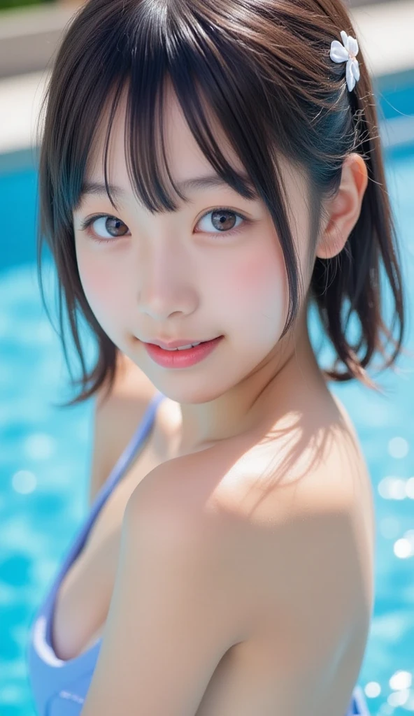 highest quality, face focus, soft light, Super high resolution, (realistic:1.4), RAW photo,Highlighting the valley 3 22 year old Japanese girl, cute, (students, There's a light in my eyes), detailed beautiful face, (),(High resolution details of human skin texture),play,cute smile,3 (Short bob colorful hair),Obscene Dynamic Poses、Wear a colorful little micro bikini、Obscene water drips all over the body、I can see the cleavage、sh,Overview of flooding Damask shirt dress, (portrait)