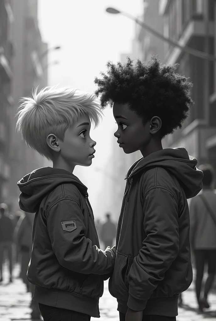 A very fat white and blond boy and another thin black boy kissing on the mouth