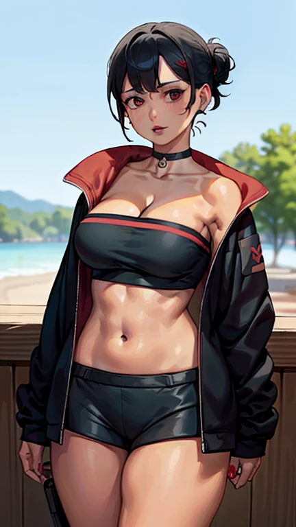 Blood Photos \(chainsaw man\) red hair and yellow eyes and braids, big breasts and big butt、Doing sumo squats on the beach wearing lingerie, (muscular with abs), (white skin), (sweating:1.4) ,(beautiful scenery),(perfect face), masterpiece, blush, 1 girl, alone, From before, (put your hand on your waist:1.5),  (No expression:1.6), squat, full body, sunny weather, (wearing sunglasses:1.3)