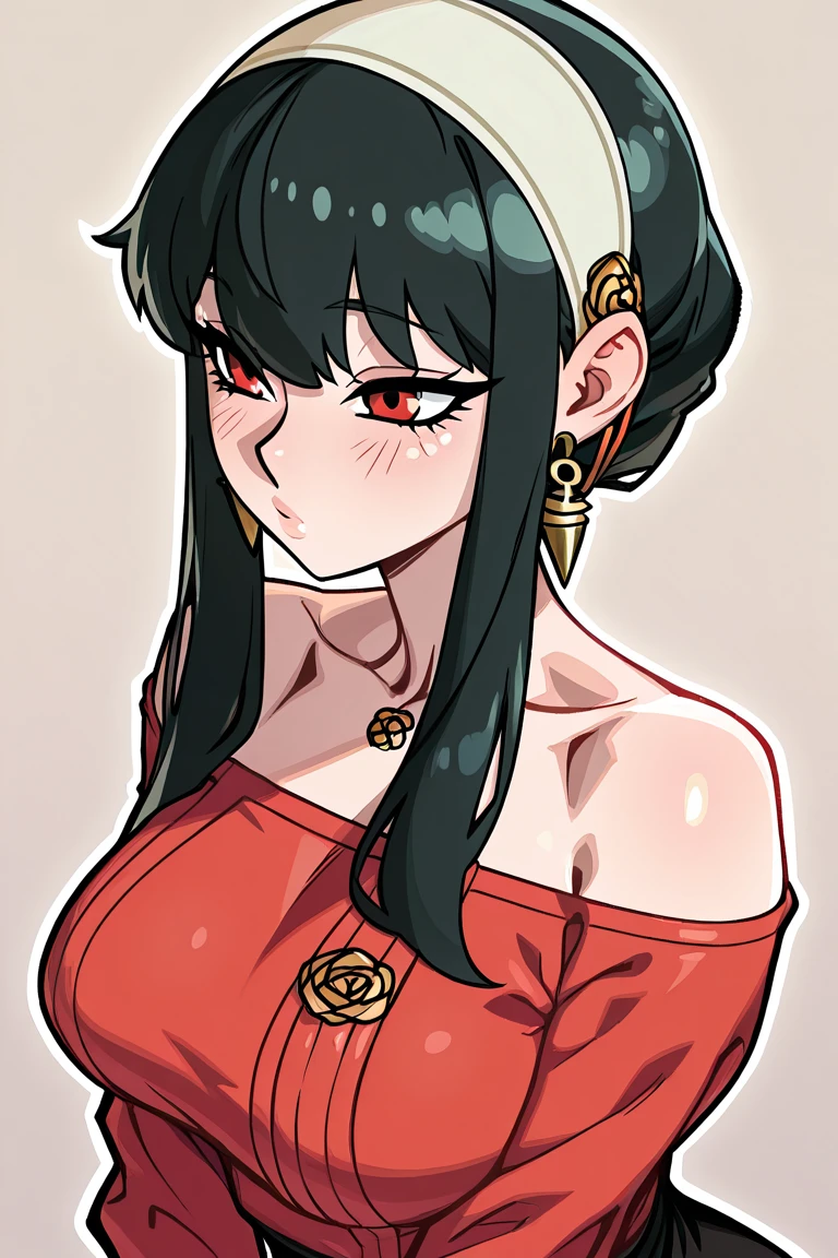 score_9, score_7_up 1girl, solo, yor briar, portrait, looking at viewer, red sweater, turtleneck sweater, looking to the side,breasts,